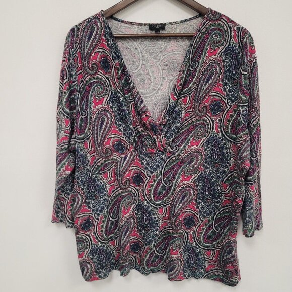 Talbots Womens Paisley V Neck Top Size 2X 3/4 Sleeve Jersey Knit Boho Mature - Picture 1 of 8